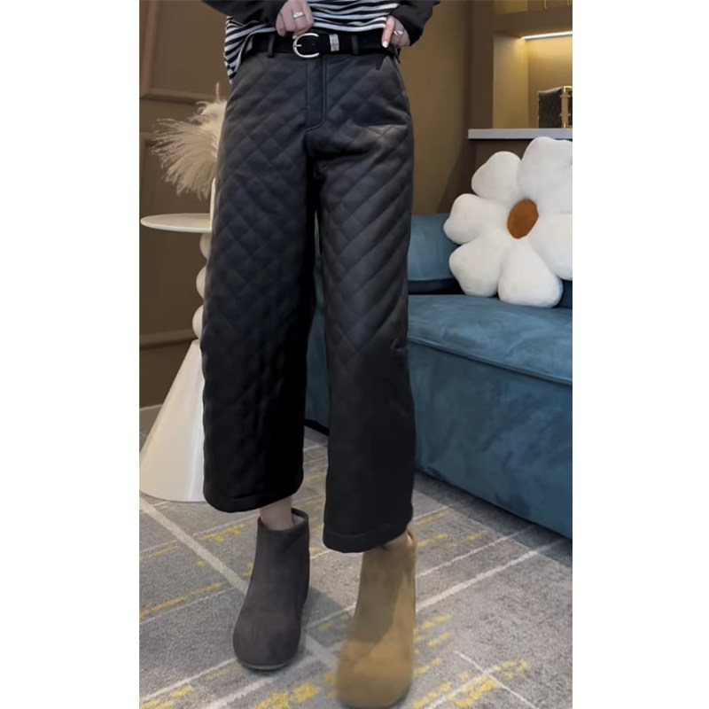 欧货秋冬菱格纹PU皮阔腿裤女通勤简约风宽松显瘦百搭九分直筒裤子,淘宝优惠券,粉丝福利购,淘宝优惠卷
