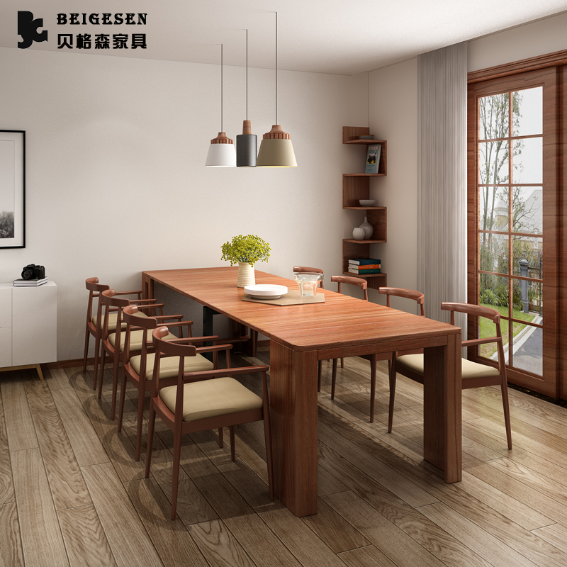 全实木伸缩餐桌隐形桌椅桌子折叠桌原木家用多功能小户型长方形桌