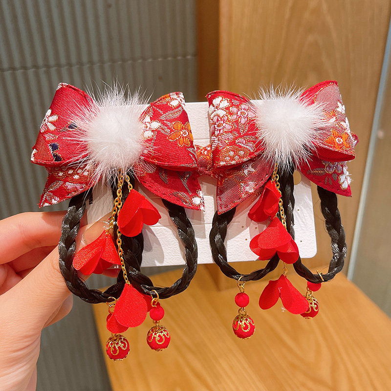 儿童过年汉服头饰女发夹中国风宝宝红色拜年头花古风女童新年发饰