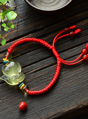 黄水晶狐狸本命年饰品红绳手链