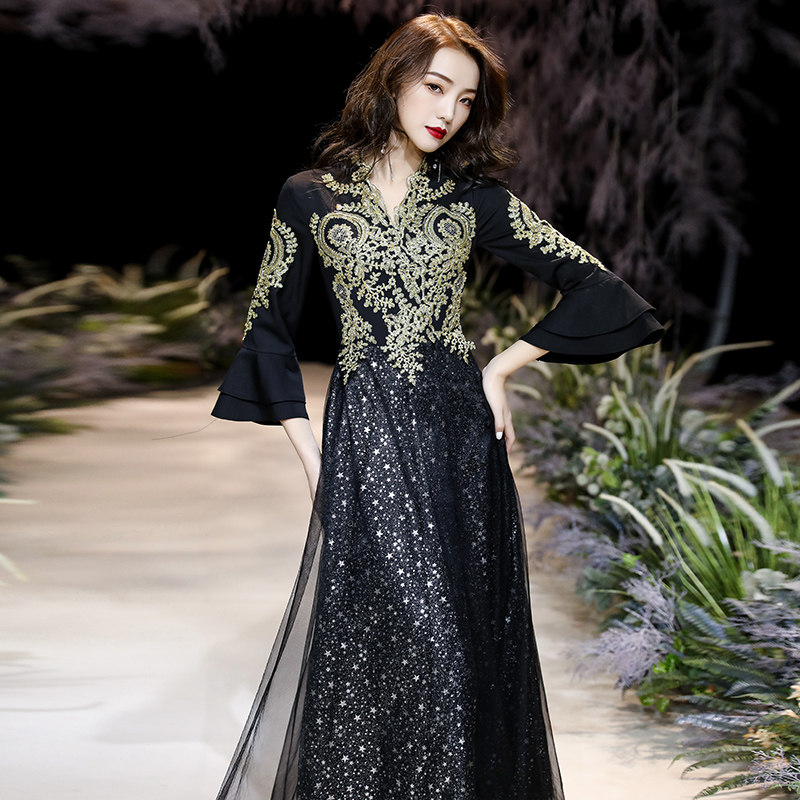 黑色晚礼服女新款2022爆款长袖裙 缇姿婚纱礼服/晚装