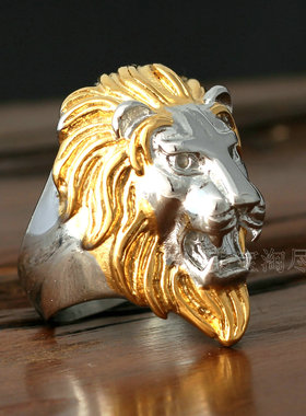 金银色狮子头钛钢朋克风男士戒指