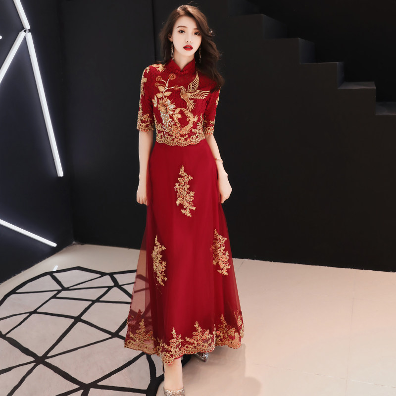 新娘2020新款秋季长袖酒红色裙旗袍 歌绒礼服/晚装