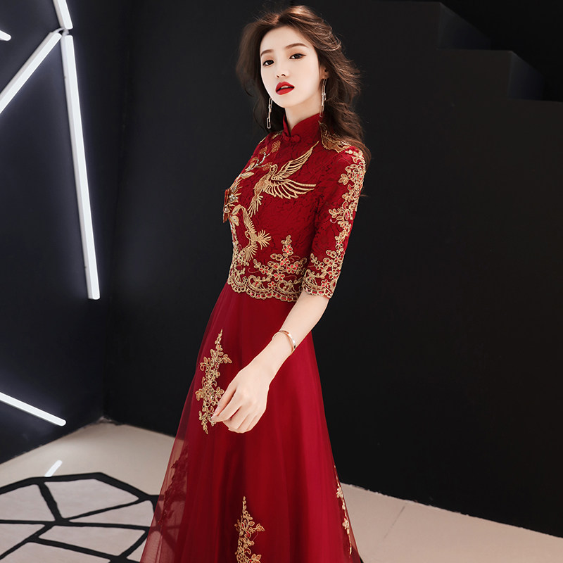 新娘2020新款秋季长袖酒红色裙旗袍 歌绒礼服/晚装