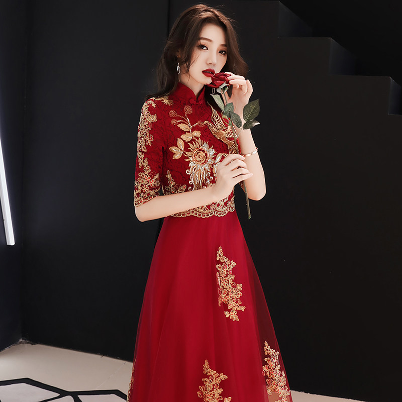 新娘2020新款秋季长袖酒红色裙旗袍 歌绒礼服/晚装