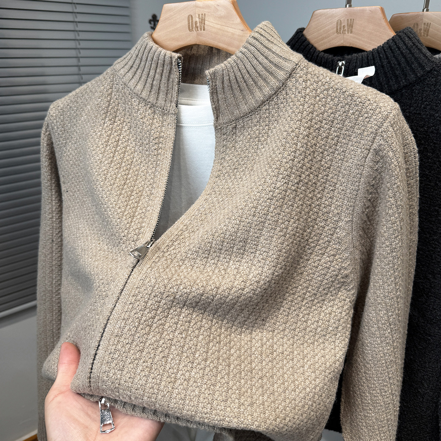 双拉链半高领开衫男针织衫春秋款中年人毛衣外套男装立领外搭纯色,淘宝优惠券,粉丝福利购,淘宝优惠卷