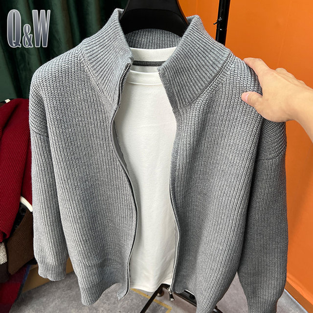 Double zipper solid color cardigan men's knitted sweater