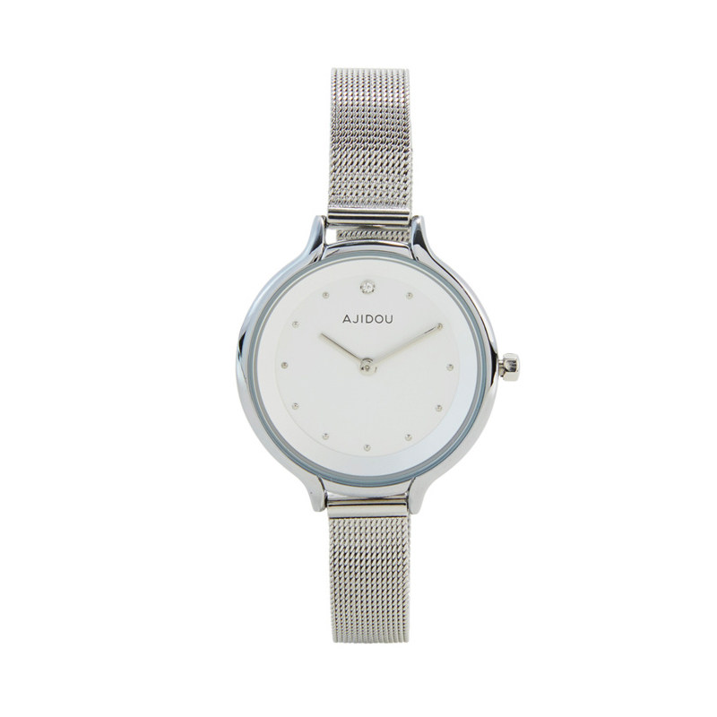阿吉豆银色钢带圆盘女士时尚女表 AJIDOU国产腕表