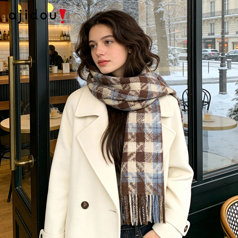 AJIDOU阿吉豆围巾女冬季保暖加厚毛绒千鸟格围脖女披肩新年战袍,淘宝优惠券,粉丝福利购,淘宝优惠卷