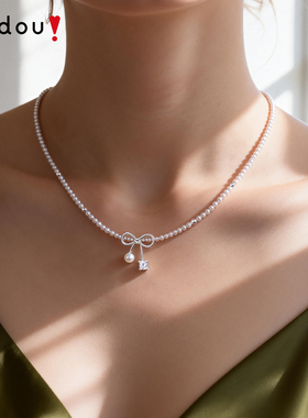 阿吉豆项链女蝴蝶结吊坠珍珠颈链