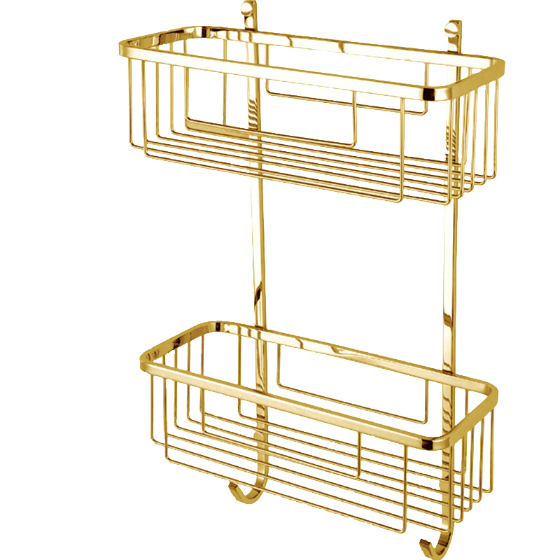 名暖黄铜五金壁挂双层网篮层架玫瑰金色方型浴室纯铜置物架带双钩-图3