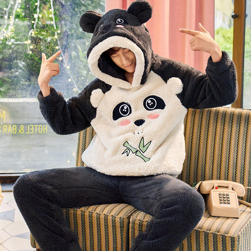 男秋冬季连帽可爱青年珊瑚绒睡衣 仙罗兰服饰睡衣/家居服套装