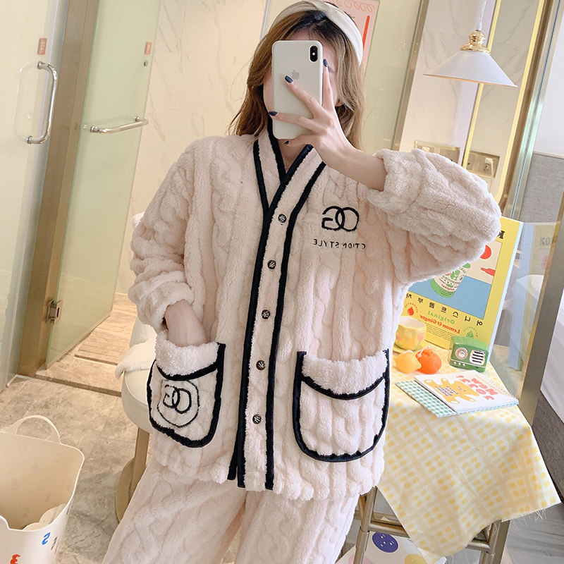 秋冬季2021新款长袖加绒珊瑚绒睡衣 仙罗兰服饰睡衣/家居服套装