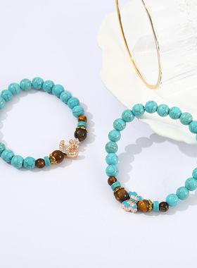 欧美女绿松石8mm手串十字架弹力串珠手饰小众复古虎眼石手链送礼J