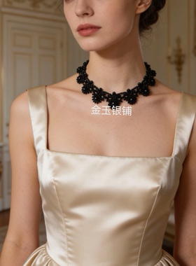 维多利亚黑色仿珍珠项链法式复古蕾丝梭编小米珠波浪项链小众轻奢