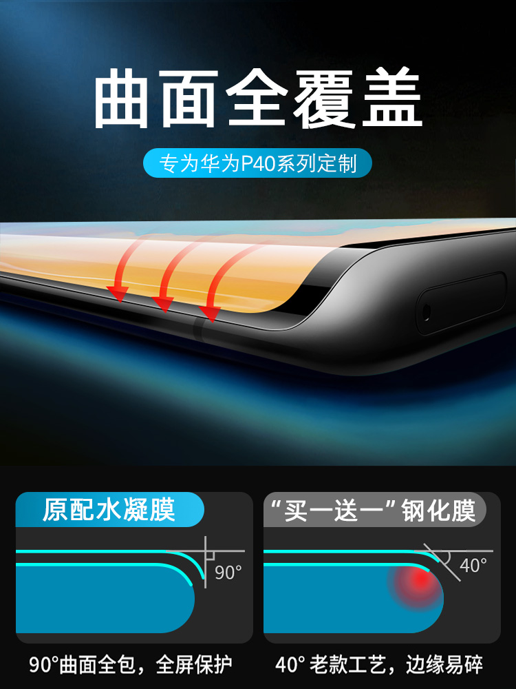 适用于华为p40pro钢化水凝膜p40钢化水凝膜全屏覆盖p40pro+手机膜抗蓝光por防指纹全包边无白边曲面高清屏保 - 图2