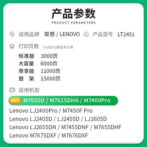 才进适用联想m7605d硒鼓M7615dna m7400pro LD/lt2451h粉盒m7450f Pro M7405D打印机LJ2400 2605墨粉M7655DNF - 图0