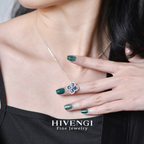 海梵纪珠宝 天然圣玛利亚海蓝宝项链18K白金四叶草钻石吊坠宝石 - 图3