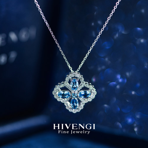 海梵纪珠宝 天然圣玛利亚海蓝宝项链18K白金四叶草钻石吊坠宝石 - 图0