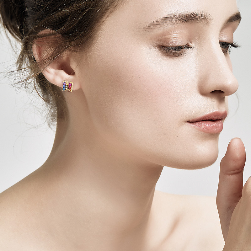 海梵纪珠宝 H设计彩虹微笑渐变彩色宝石天然蓝宝石耳钉18K金,淘宝优惠券,粉丝福利购,淘宝优惠卷