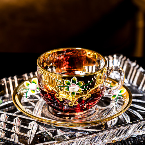 欧式奢华珐琅贴金水晶玻璃咖啡杯家用下午茶带碟杯复古玻璃红茶杯 - 图1