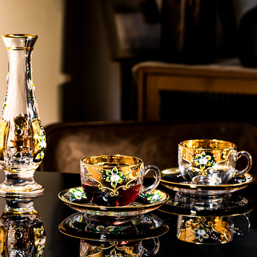 欧式奢华珐琅贴金水晶玻璃咖啡杯家用下午茶带碟杯复古玻璃红茶杯 - 图0