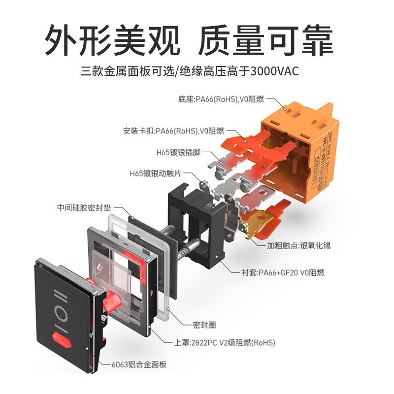 大电流16A 250V防水6脚3档船型开关KCD4拉丝金属面板红蓝绿灯220V-图2