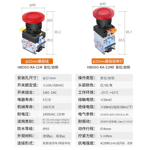 22MM 蘑菇头自锁复位启动停止按钮开关 LA38-11 防水防尘带灯220V - 图2