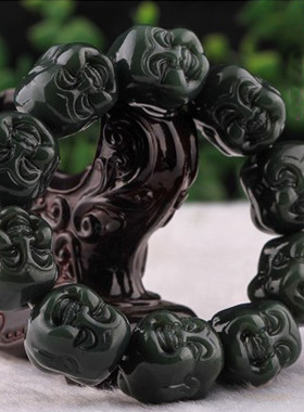 佛头手链天然和田青玉弥勒佛头手链玉串男女手链证书