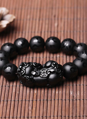 天然黑曜石貔貅证书佛珠手链