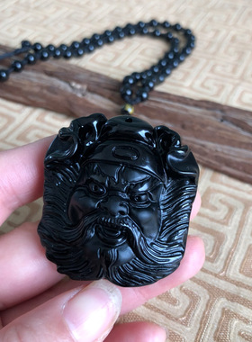 天然黑曜石钟馗玉佩项链男女随身挂件情侣吊坠送证书