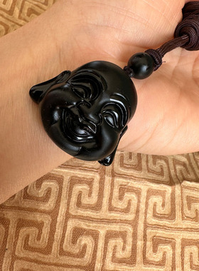 嫣芝美玉女士黑曜石可爱佛头项链