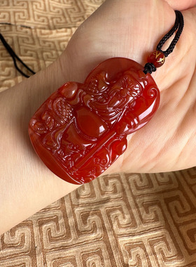 嫣芝美玉男红玛瑙大刀坐关公吊坠