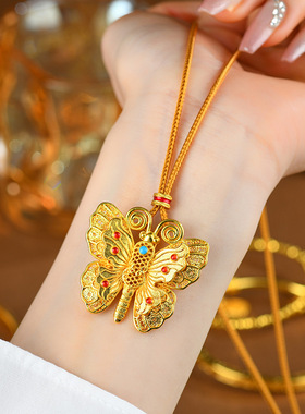 古法黄金色沙金珐琅花丝蝴蝶项链
