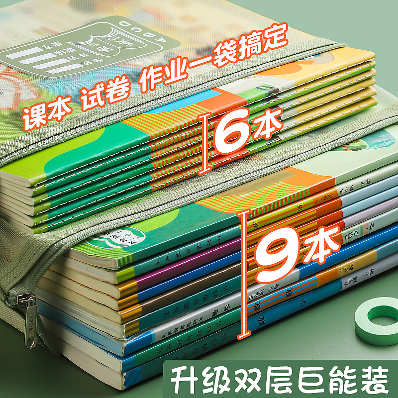 三木学科科目分类文件袋拉链式小学初中生大容量课本试卷收纳袋书袋作业袋资料书本分科收纳补习袋A4透明网纱 - 图0