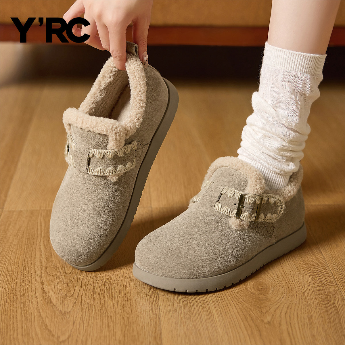 YRC豆豆鞋女棉鞋保暖2025冬季新款舒适复古魔术贴加绒勃肯毛毛鞋,淘宝优惠券,粉丝福利购,淘宝优惠卷
