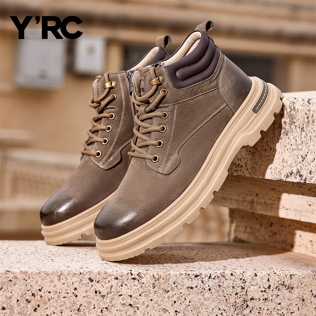 YRC真皮加绒高帮板男2025冬季新款保暖户外气质休闲马丁靴登山鞋,淘宝优惠券,粉丝福利购,淘宝优惠卷