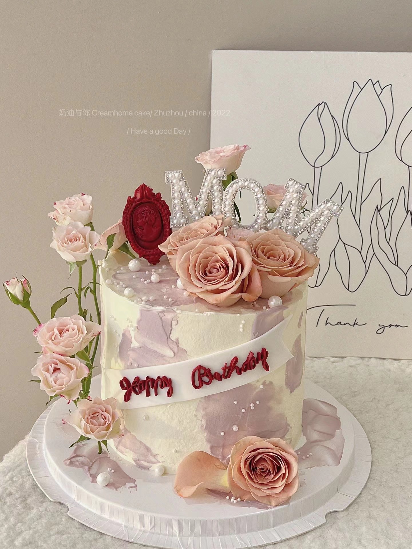 妈妈生日蛋糕装饰简约白色珍珠mom玫瑰花母亲节女神蛋糕摆件插件-图1