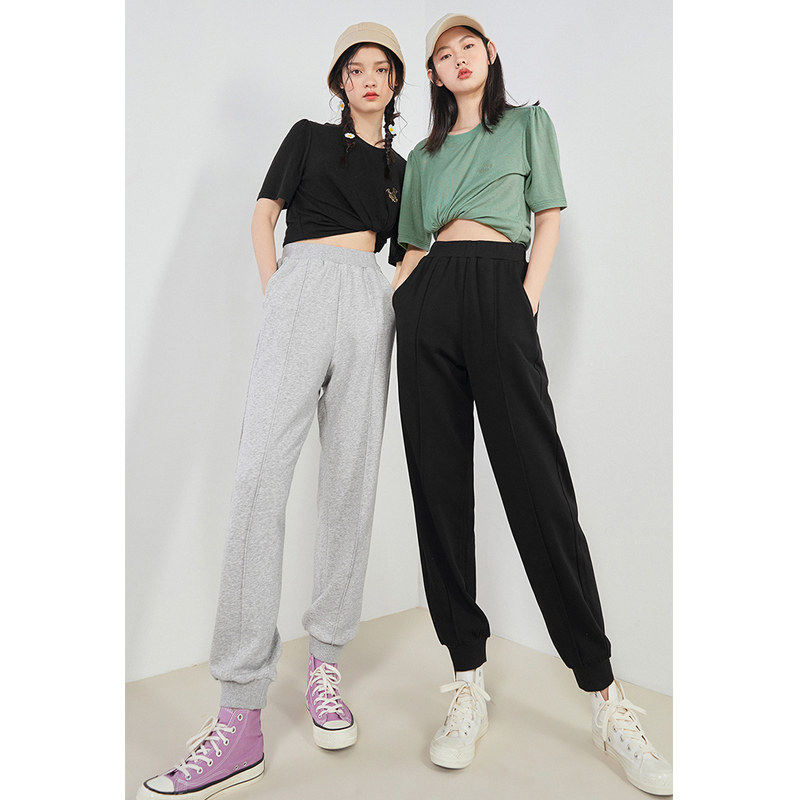 太平鸟高腰2021年秋季新款灰色卫裤 太平鸟广仁休闲裤