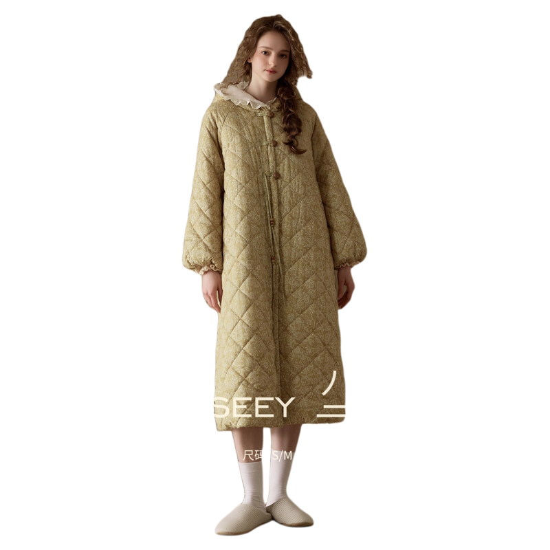 尘熙专柜女冬加厚保暖连帽长款针织睡袍三层夹棉可外穿家居服裙装,淘宝优惠券,粉丝福利购,淘宝优惠卷