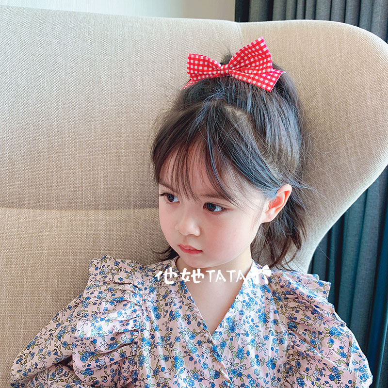 韩国儿童发饰立体小格子蝴蝶结发卡可爱女童鸭嘴夹女孩发夹顶夹 - 图0