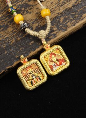 五台山五爷双面唐卡吊坠黄铜彩绘画芯本命佛守护神大势至普贤文殊