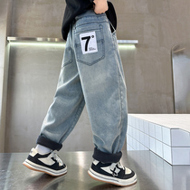 Boy gush jeans autumn winter style 2023 new childrens integrated suede thickened winter light blue pants damp