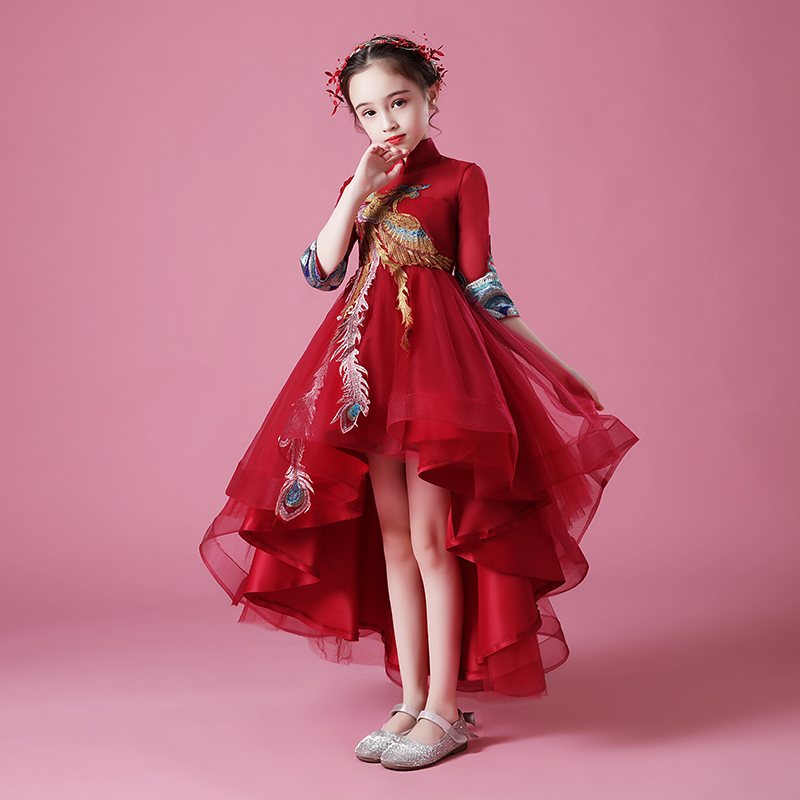 女童晚礼服中国风花童公主裙儿童走秀高端主持演出服红色拖尾高级,淘宝优惠券,粉丝福利购,淘宝优惠卷