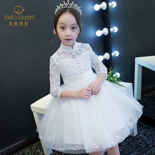 儿童礼服公主裙女童高端白色小女孩花童婚礼生日主持人演出服秋季 - 图0