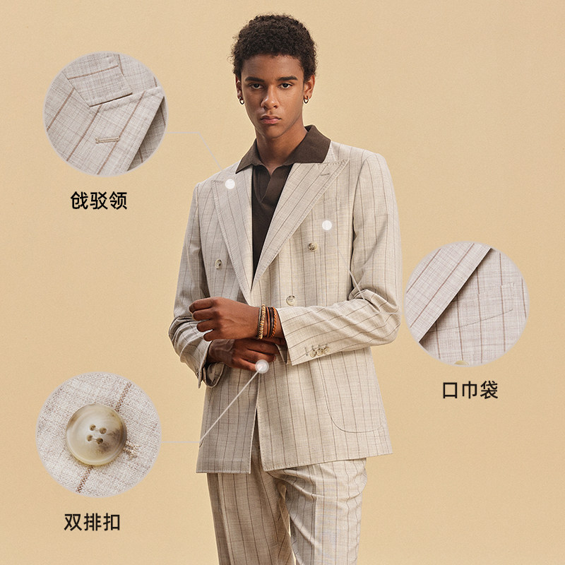 JDV男装春秋新品商场同款米色条纹西装双排扣西服外套SMM4002,淘宝优惠券,粉丝福利购,淘宝优惠卷