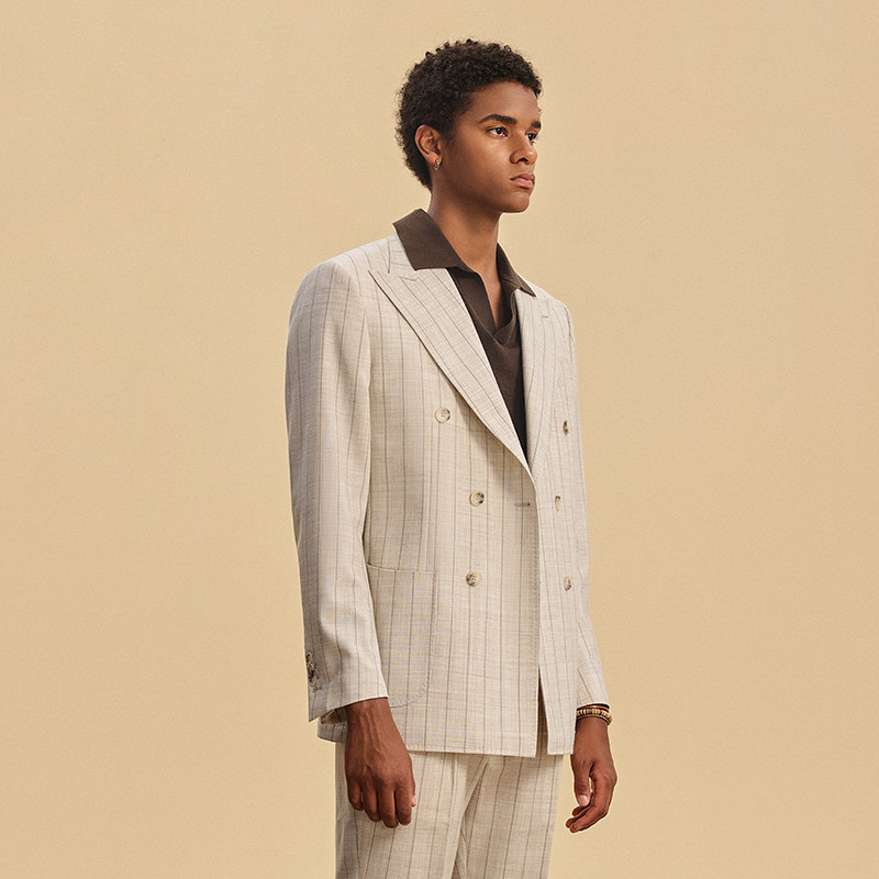 JDV男装春秋新品商场同款米色条纹西装双排扣西服外套SMM4002,淘宝优惠券,粉丝福利购,淘宝优惠卷