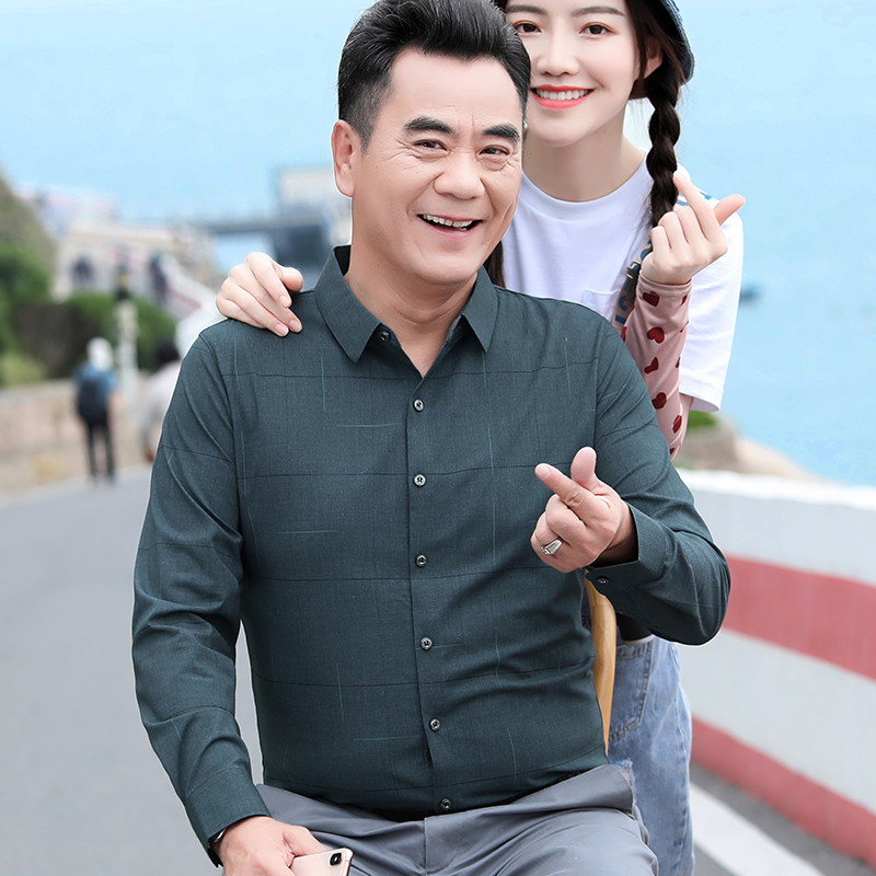 男士长袖格子衬衫秋季薄款商务休闲40-50岁中老年爸爸装春秋衬衣 - 图2