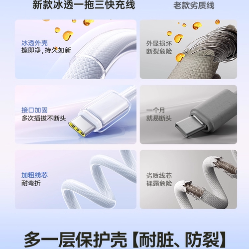 DIVI适用数据线三合一充电器线100W超级快充三头冰透编织适用苹果华为安卓一拖三Typec手机iPhone车载充电线 - 图3