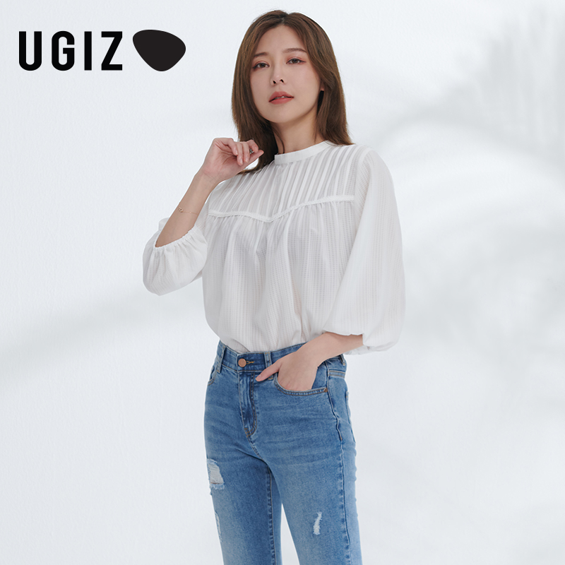 UGIZ商场同款2022夏季新品韩版女装纯色泡泡袖雪纺衬衫女UBSF921-图0